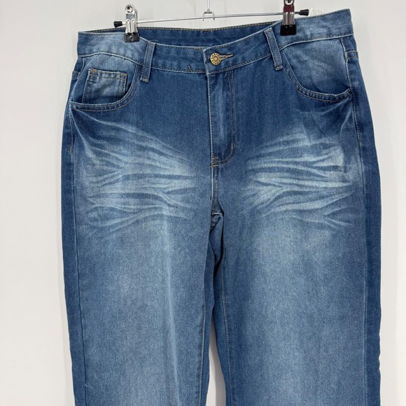 SHEIN Women's Distressed Super Wide Leg High rise Blue Denim Jeans Size 32 - Picture 3 of 8